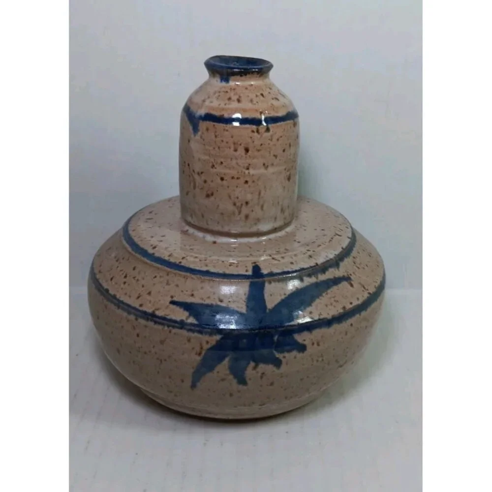 Vintage Signed Handmade Studio Art Pottery Stoneware Bud Vase Glazed Blue Beige